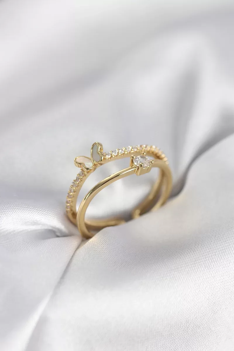 Gold Renk 2'li Zirkon Taşlı Kelebek Model Kadın Yüzük - Lisinya