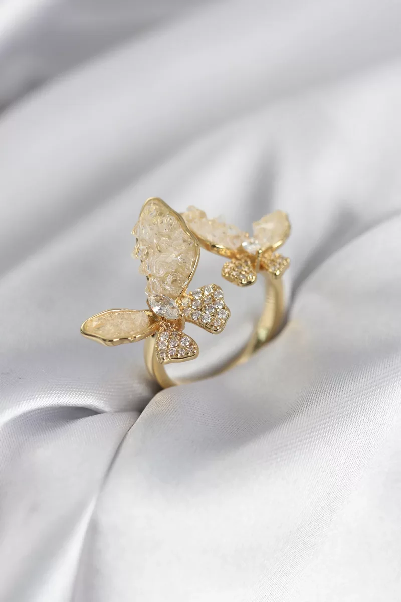 Gold Renk Beyaz Kelebek Model Zirkon Taşlı Kadın Yüzük - Lisinya