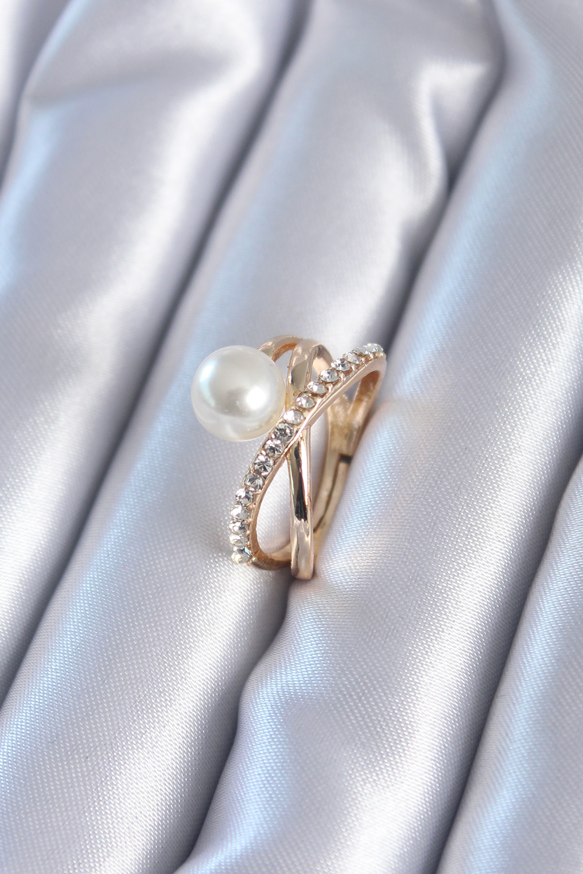 Gold Renk İncili Zirkon Taşlı Kadın Yüzük SL6477