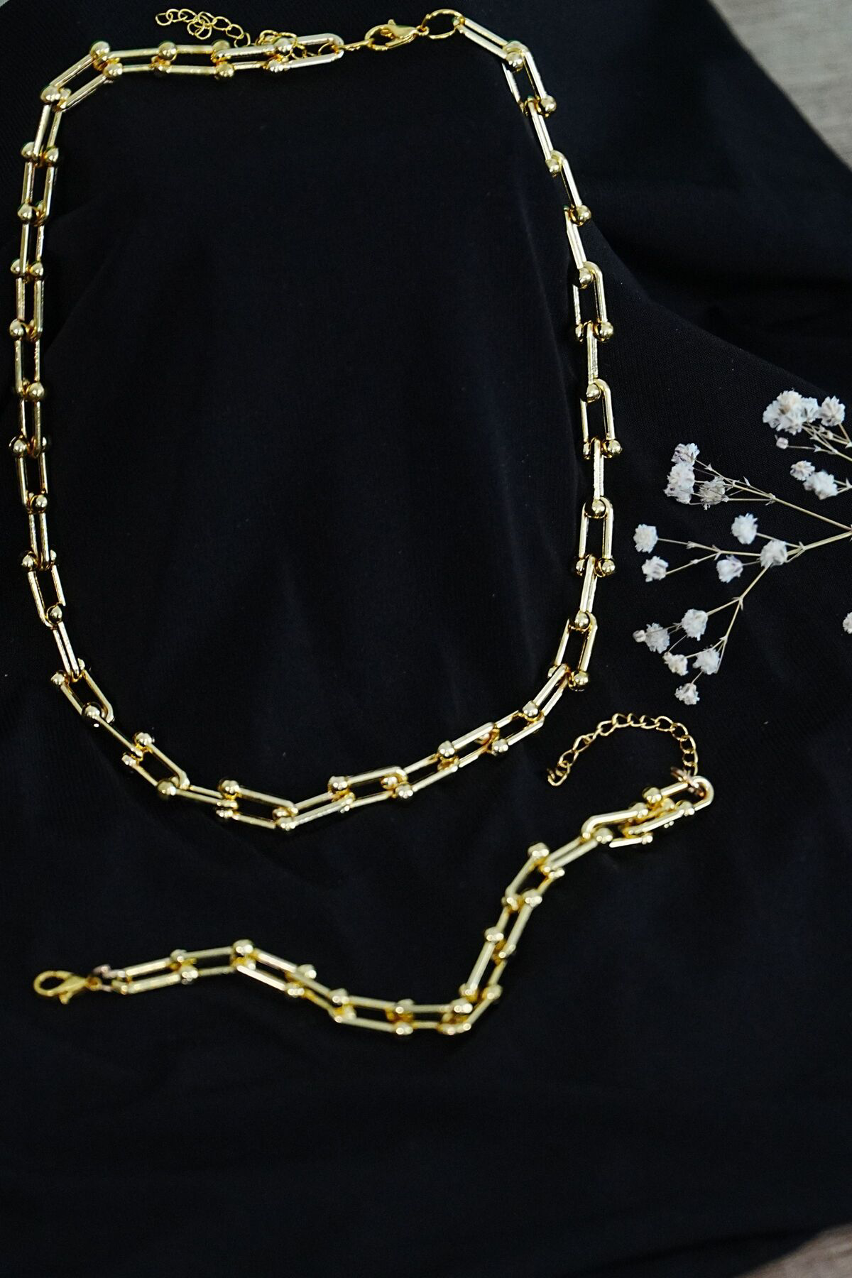 Kapsulavm Gold Renk Kadın Kalın Zincir Takı Seti Kolye Ve Bileklik 2Li