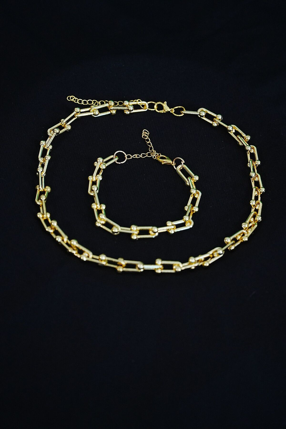 Kapsulavm Gold Renk Kadın Kalın Zincir Takı Seti Kolye Ve Bileklik 2Li