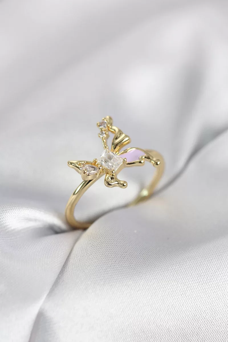 Gold Renk Kelebek Model Zirkon Taşlı Kadın Yüzük - Lisinya