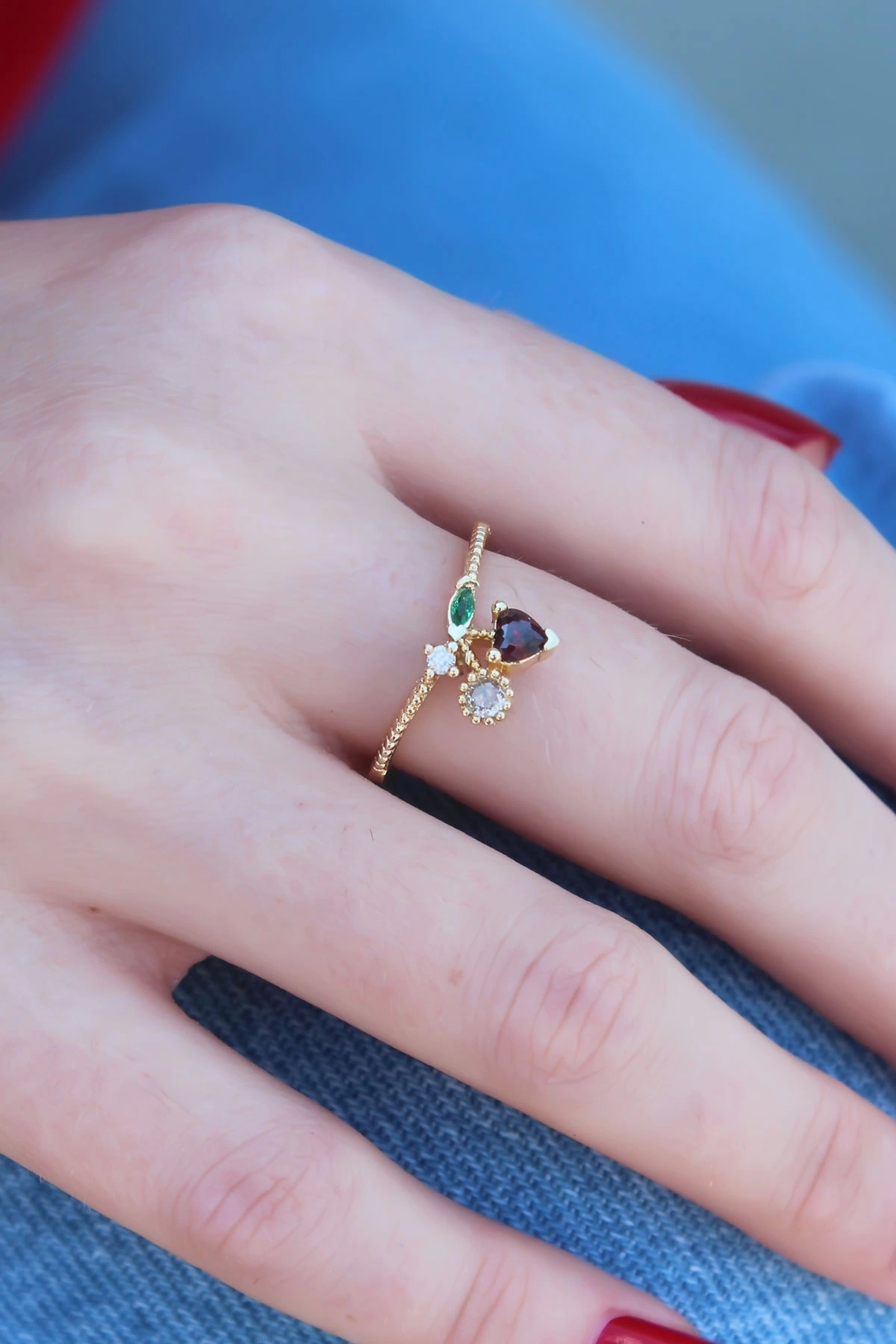 Butik Gold Renk Kiraz Model Zirkon Taşlı Kadın Yüzük