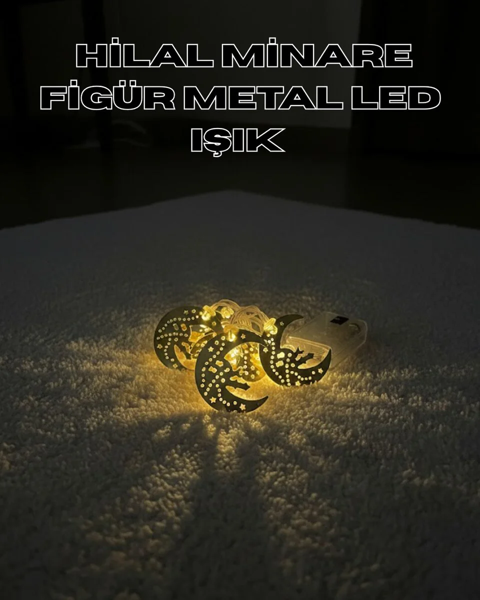 Gold Renk Metal Minareli Hilal LED Işık Pilli Ramazan Süsü