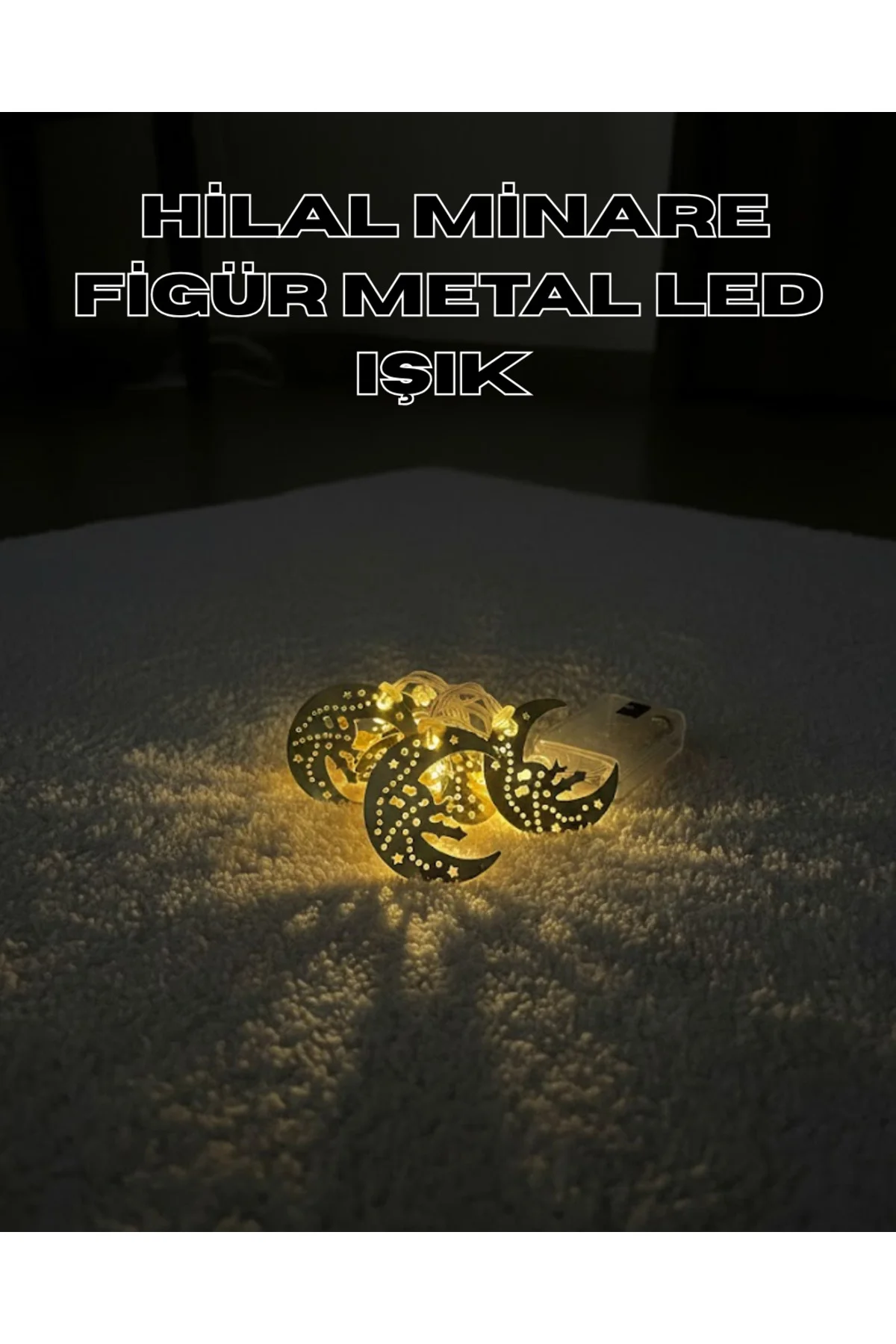 Gold Renk Metal Minareli Hilal LED Işık Pilli Ramazan Süsü