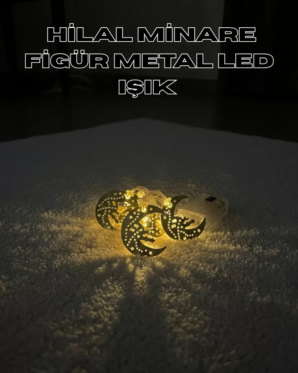 Gold Renk Metal Minareli Hilal LED Işık Pilli Ramazan Süsü - Lisinya