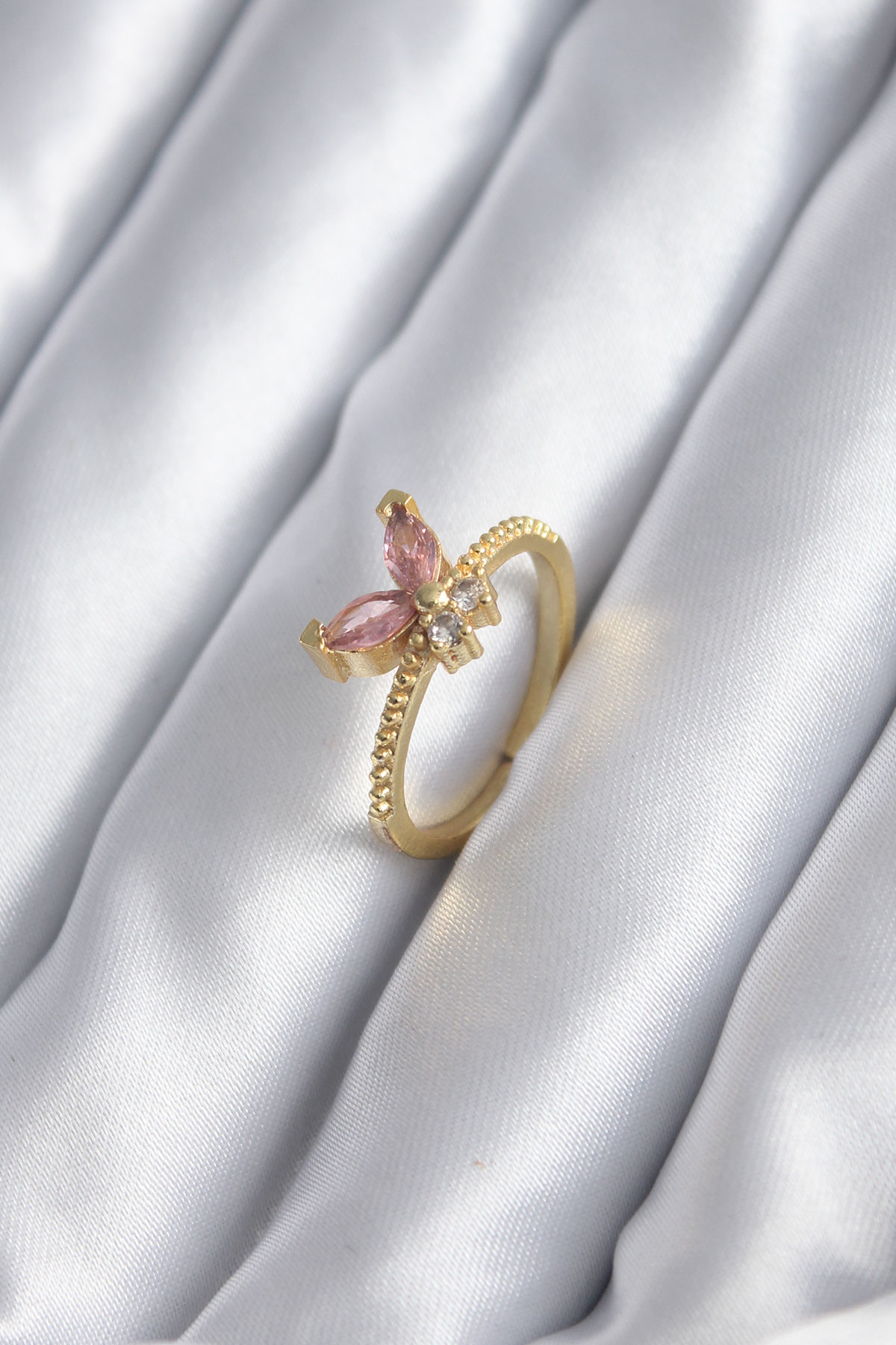 Gold Renk Pembe Zirkon Taşlı Kelebek Model Kadın Yüzük - TJ-BYK28