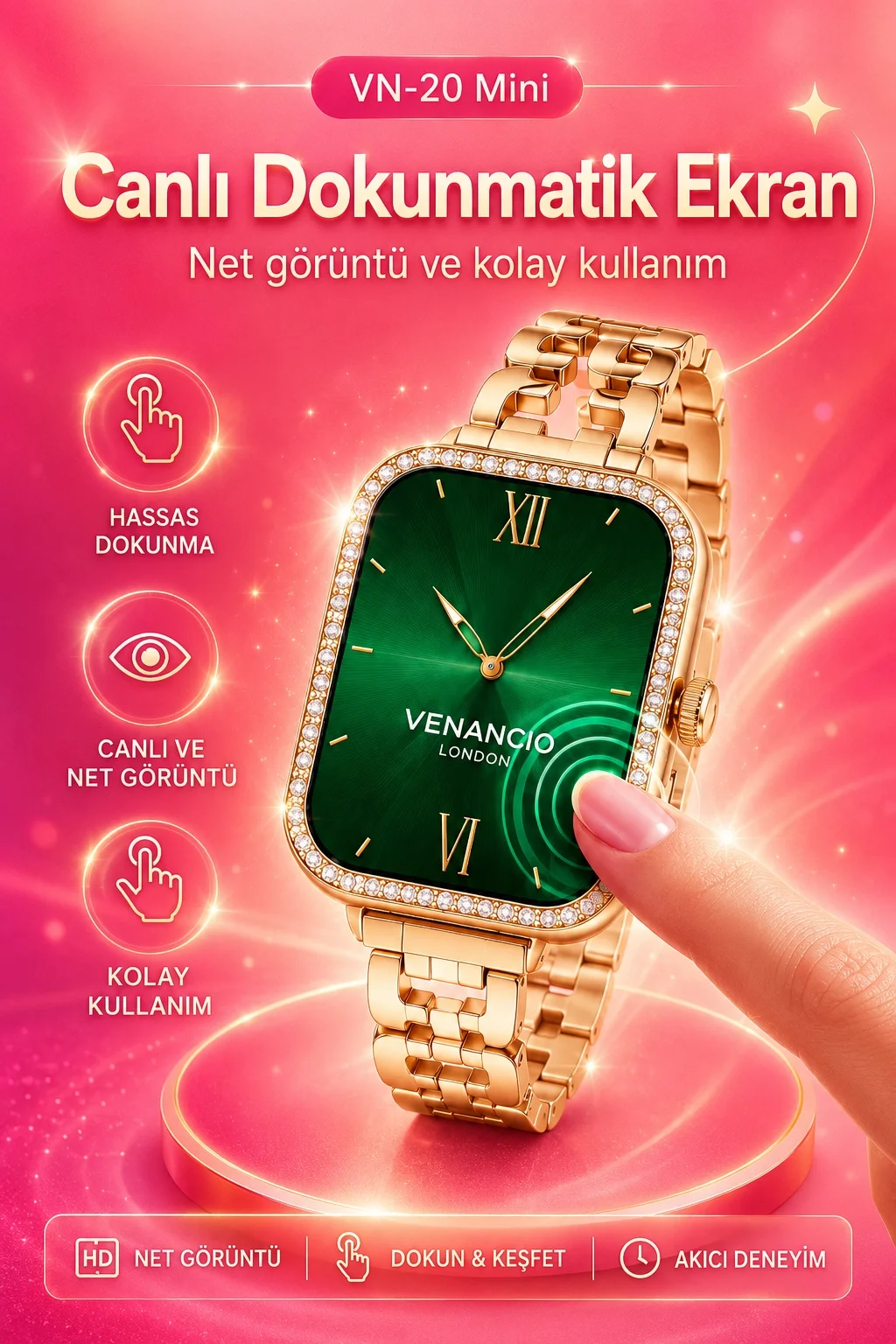 Gold Renk Tasarımlı Akıllı Saat Çoklu Kordonlu Dokunmatik Ekran Günlük Kullanım