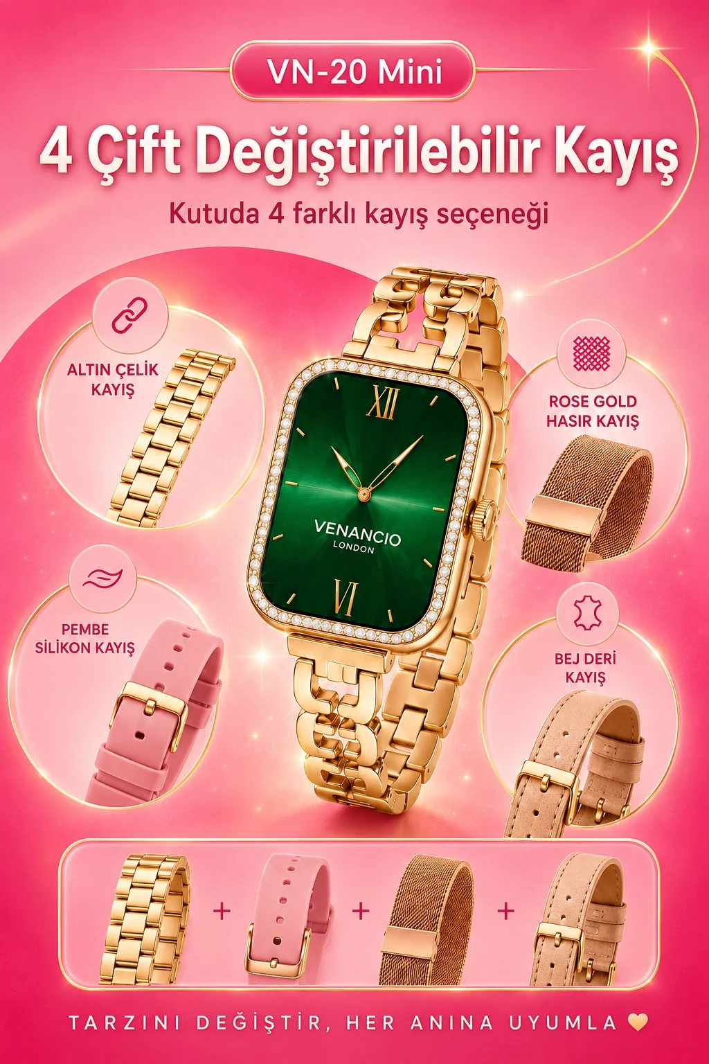 Gold Renk Tasarımlı Akıllı Saat Çoklu Kordonlu Dokunmatik Ekran Günlük Kullanım