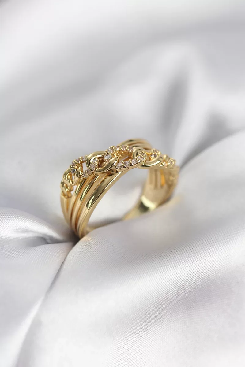 Gold Renk Zirkon Taşlı Zincir Model Kadın Yüzük - Lisinya