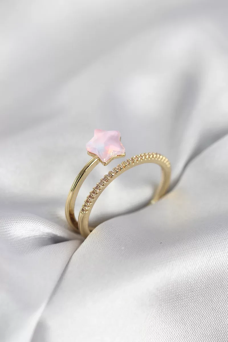 Gold Renk Zirkon Taşlı Pembe Halley Model Kadın Yüzük - Lisinya
