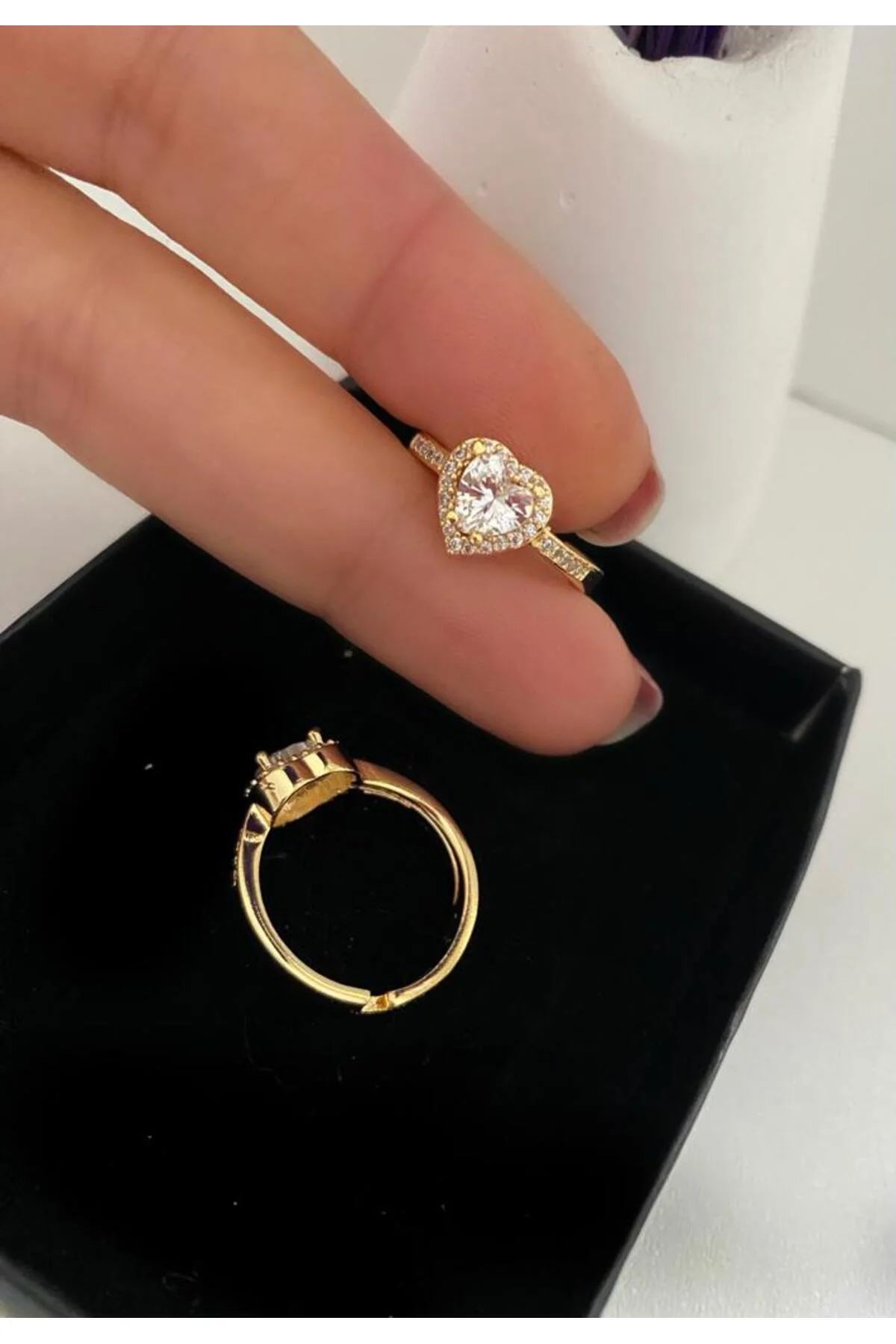 gold renk Zirkon taşlı ayarlanabilir kalpli yüzük