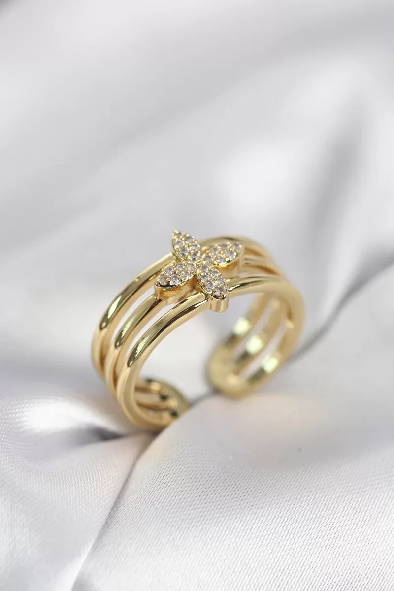 Gold Renk Zirkon Taşlı Yonca Model Kadın Yüzük - Lisinya
