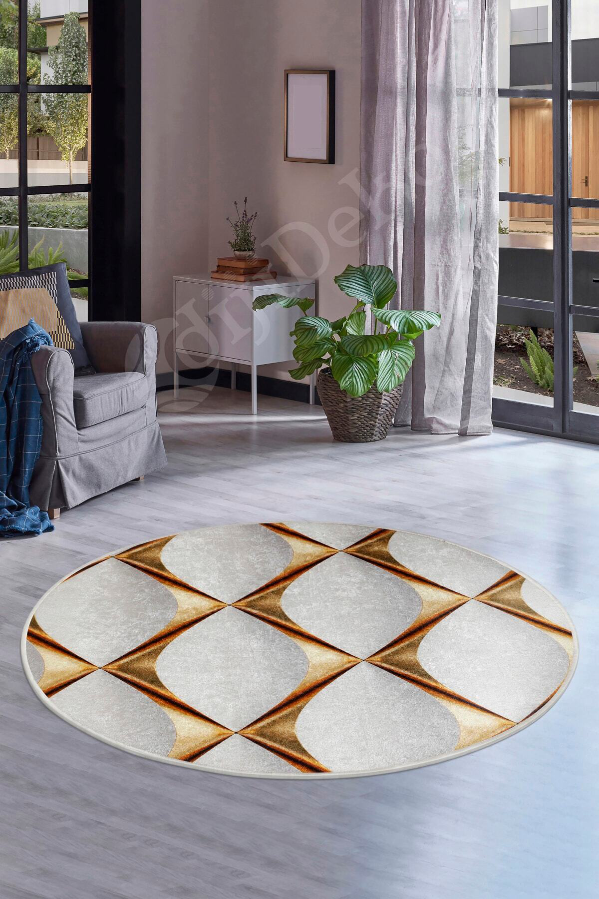Gold Saçaksız Dijital Yuvarlak Halı Kaymaz Yıkanabilir Banyo Halı