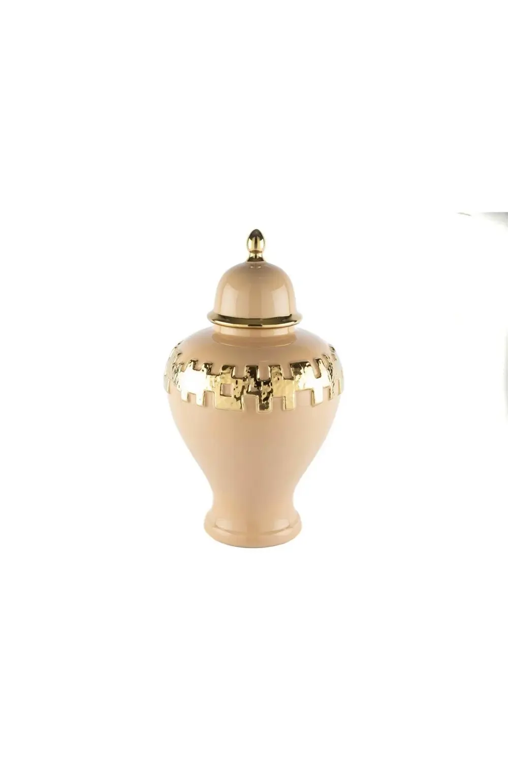 Gold Şeritli Somon Küp Kapaklı Vazo 27x27x46cm