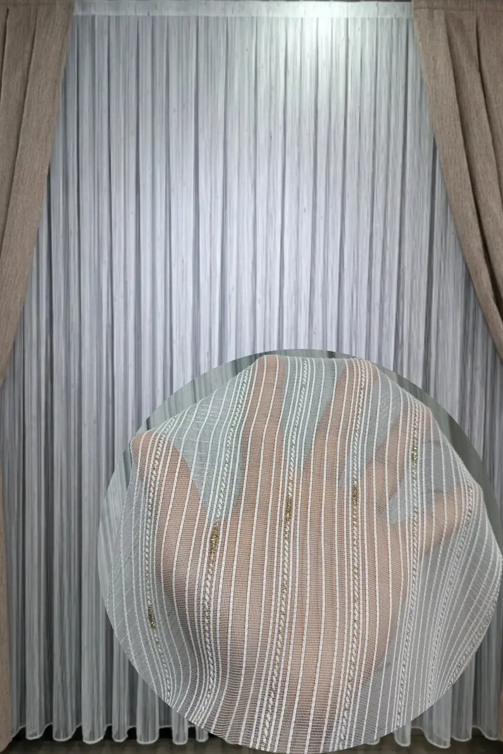 Gold Sim Detaylı Çizgili Tül Perde – Modern Dikey Desen, Işık Geç