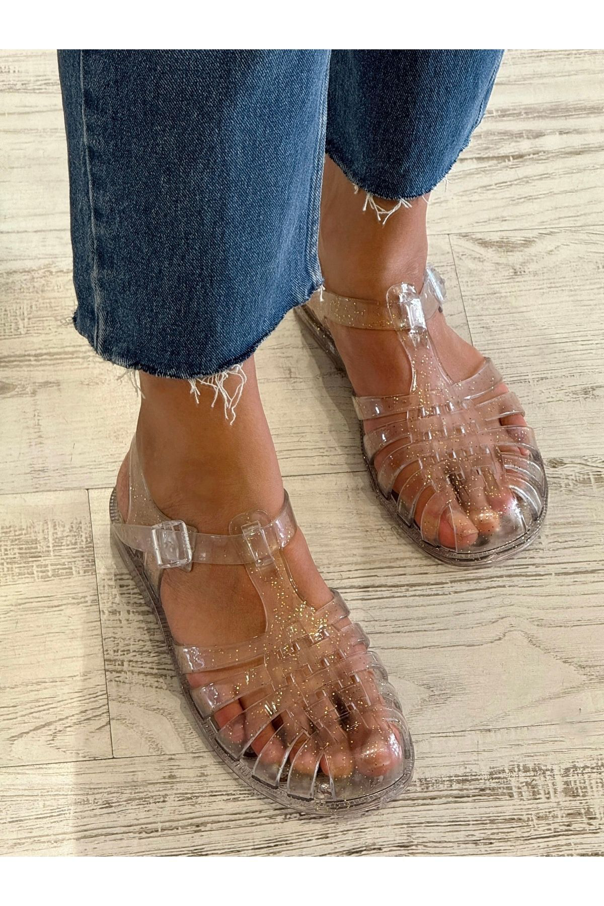 Gold Simli Jelly Sandalet