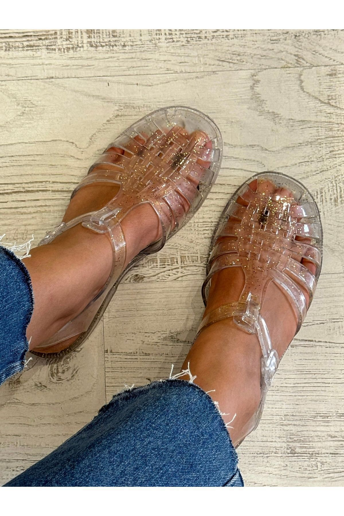 Gold Simli Jelly Sandalet