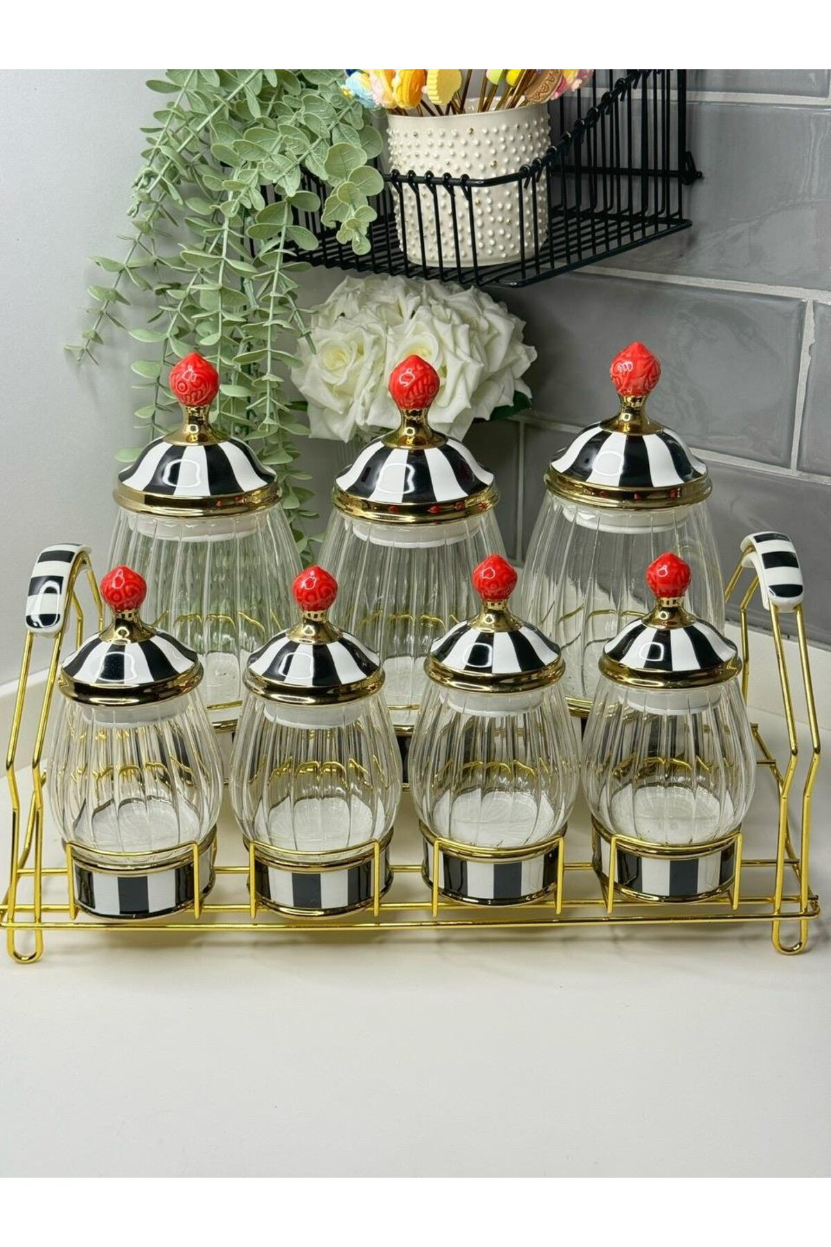 Elif Aksesuar Gold Standli Porselen Baharat Takimi Siyah Beyaz Kirmizi