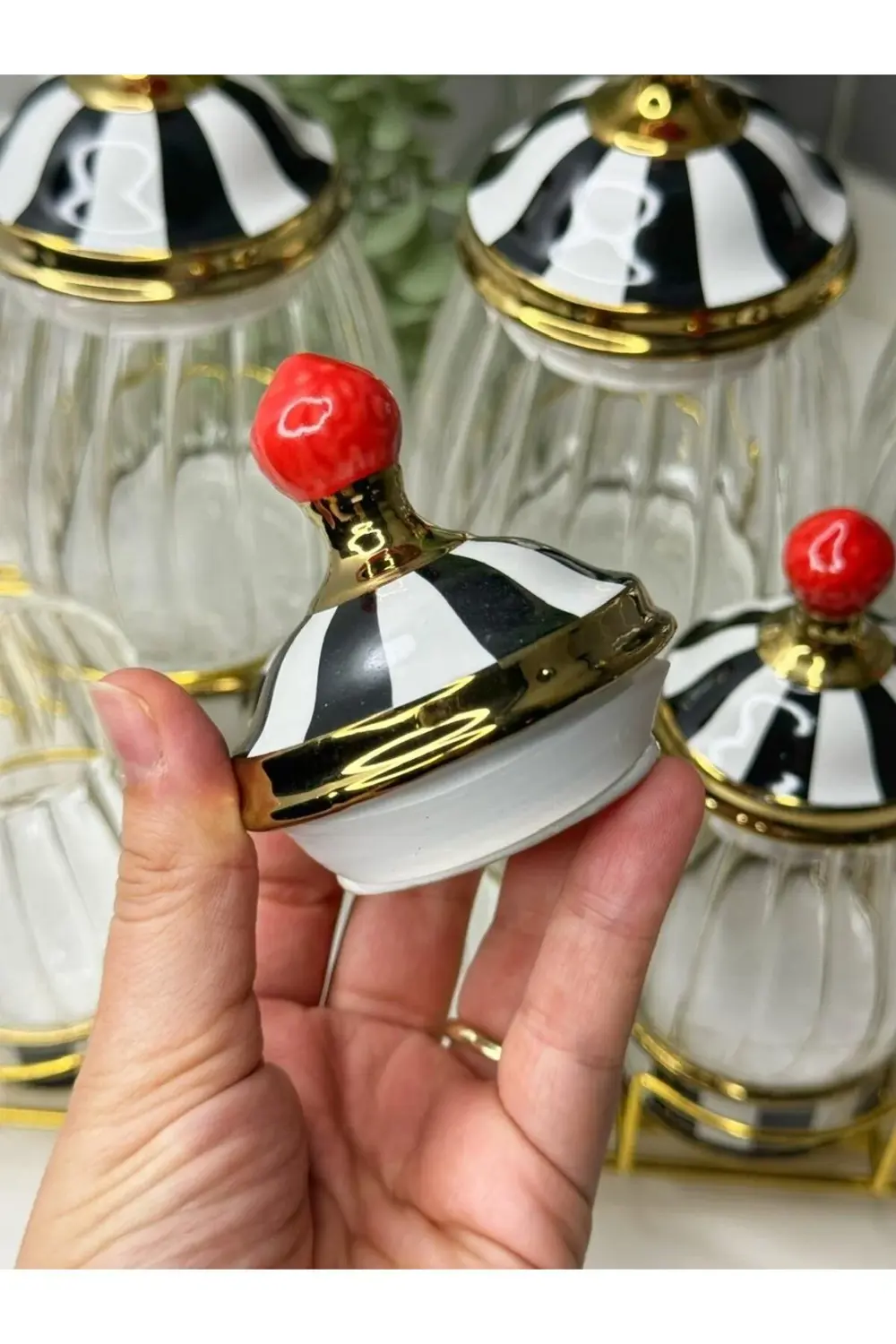 Gold Standlı Porselen Baharat Takımı Siyah Beyaz Kırmızı