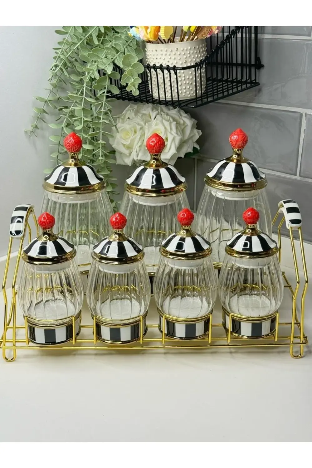 Gold Standlı Porselen Baharat Takımı Siyah Beyaz Kırmızı