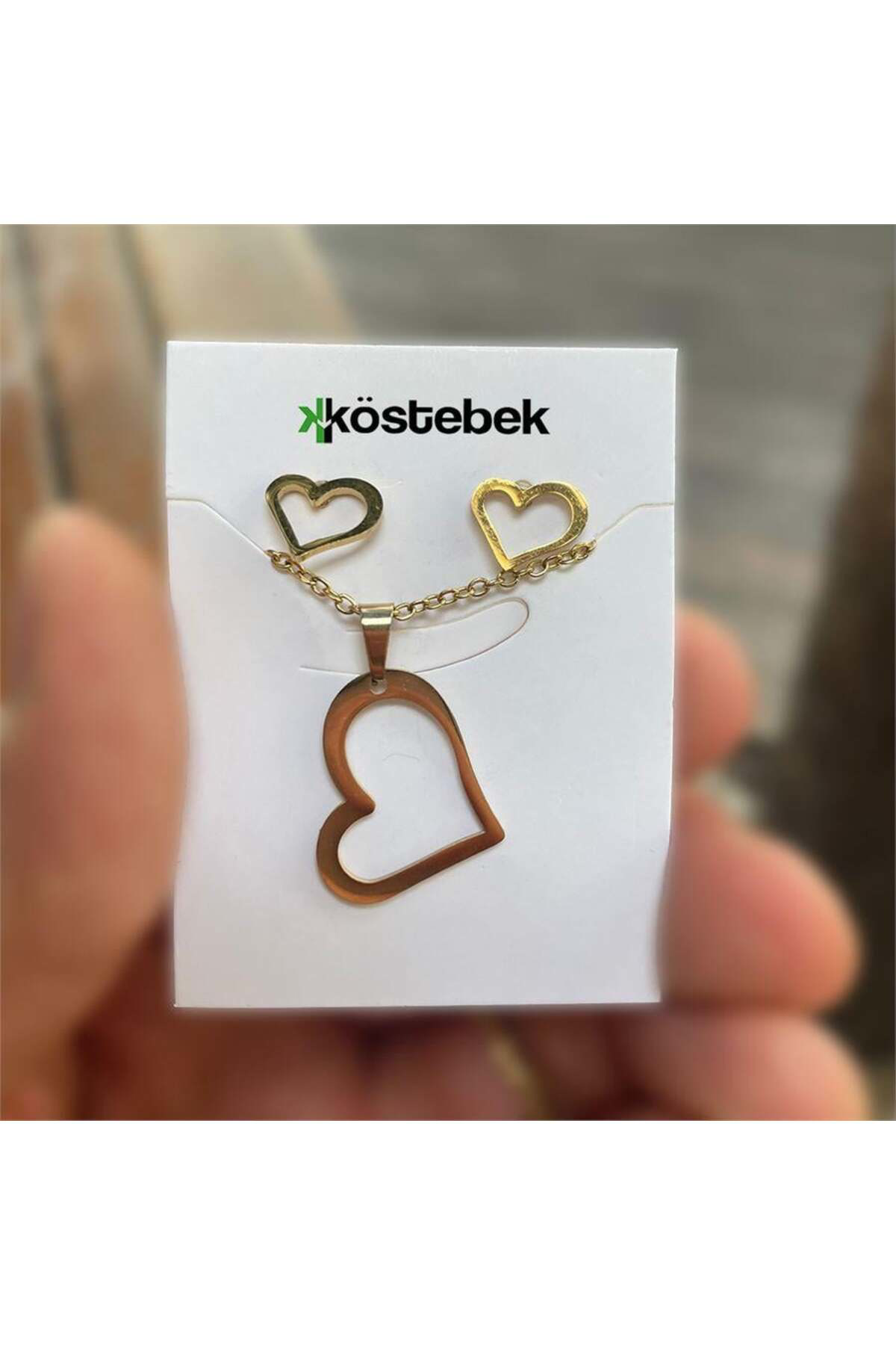 Gold Yassı Kalp Kolye Ve Küpe Seti