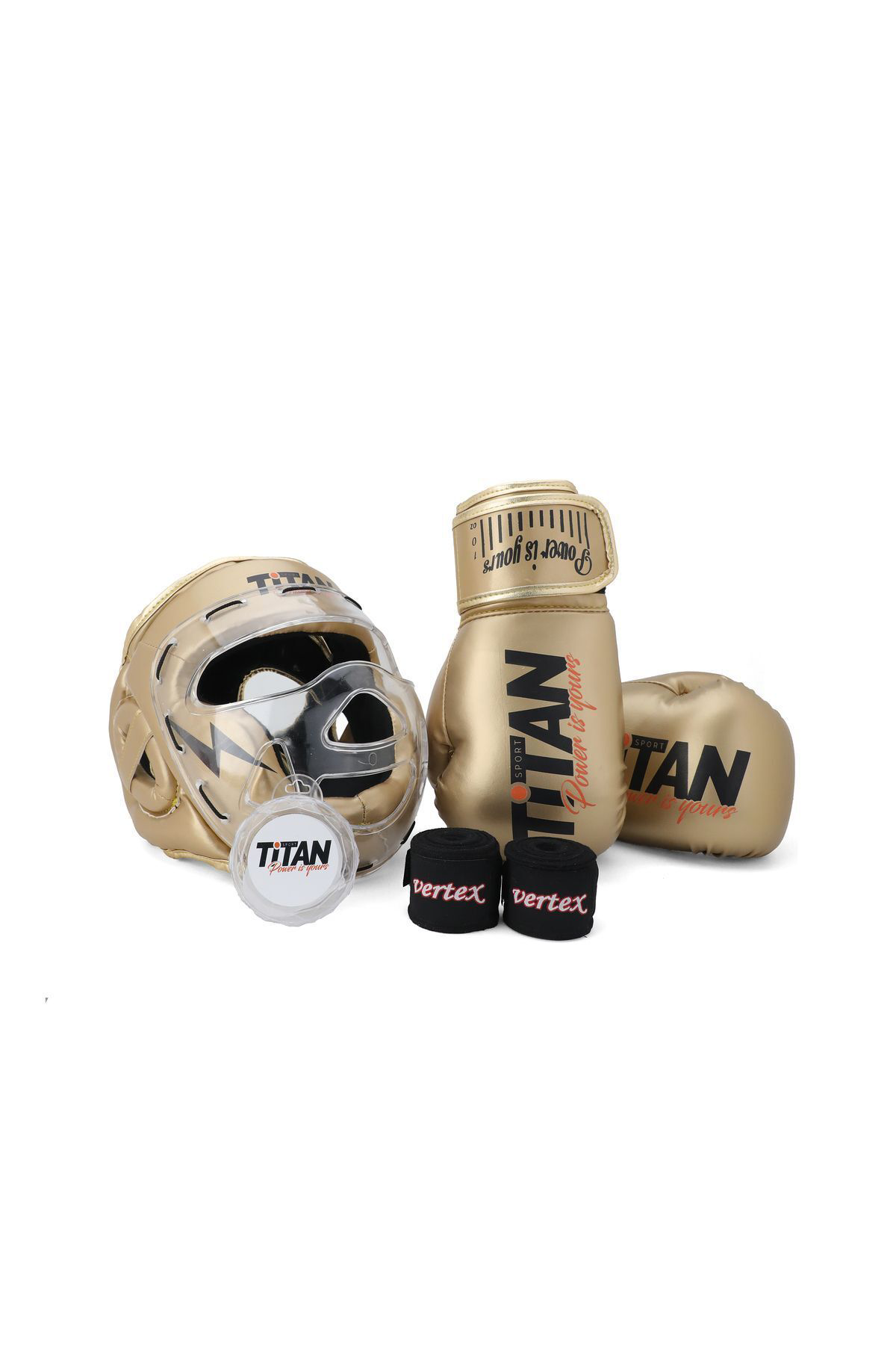 Titan Sport Gold(Altin) Serisi Özel Takim Set , Camli Boks Kaski, Boks Eldive