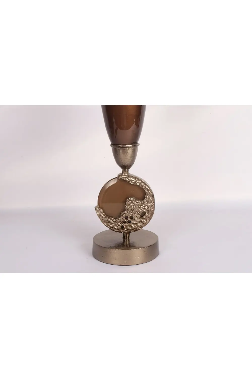 Golden Dust Efektli Kahverengi Cam Vazo | Ay Motifli Metal Detayl