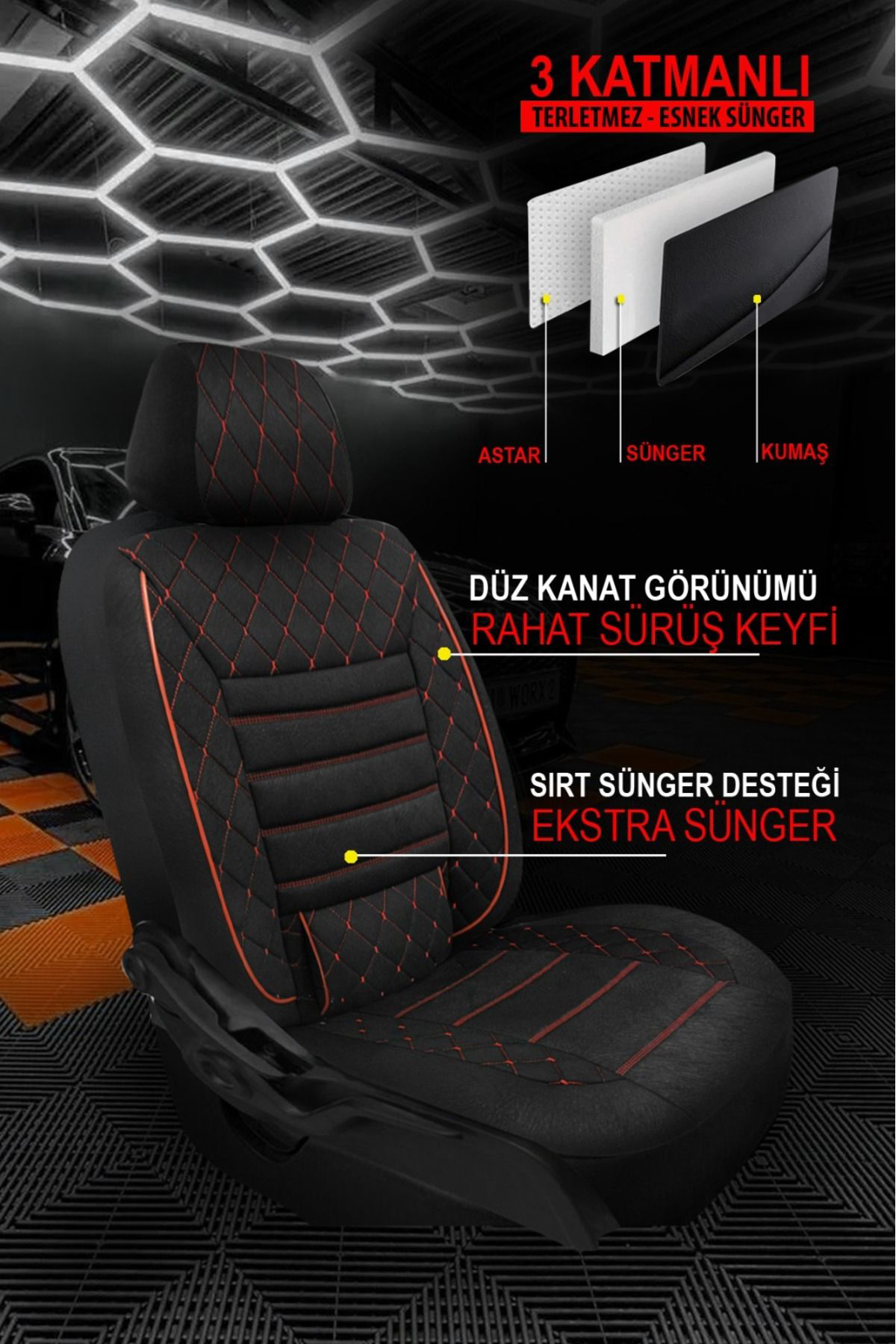 Golem Serisi Taytüyü Kumaş Deri Detaylı Ortopedik Oto Koltuk Kılı