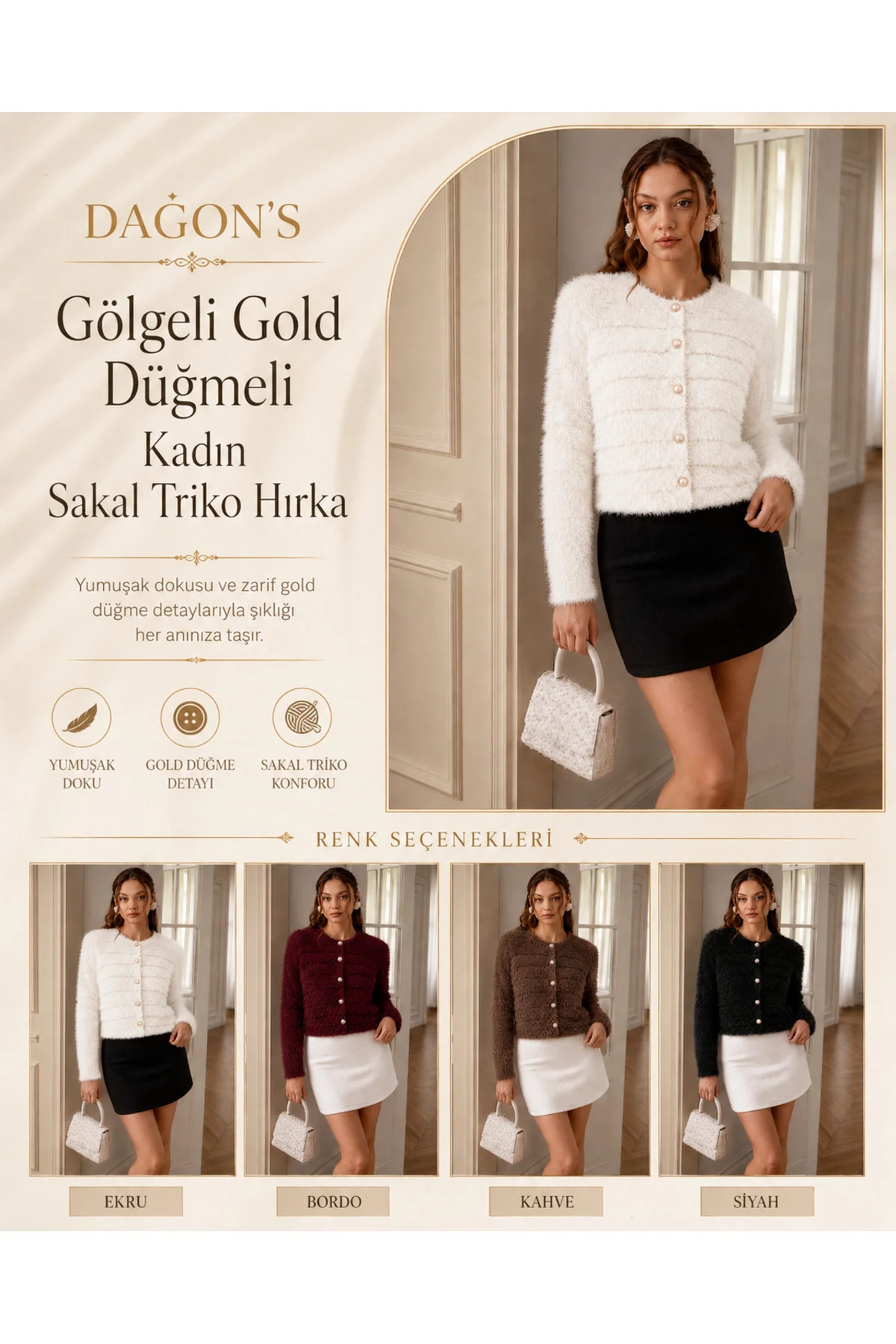 Gölgeli Gold Düğmeli Kadın Sakal Triko Hırka Fiyatı, Yorumları ve Özellikleri