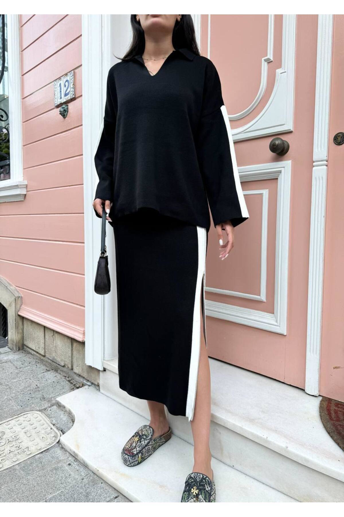 Nzl Tekstil Gömlek Yaka Dik Çizgili Etekli Kadin Triko Takim