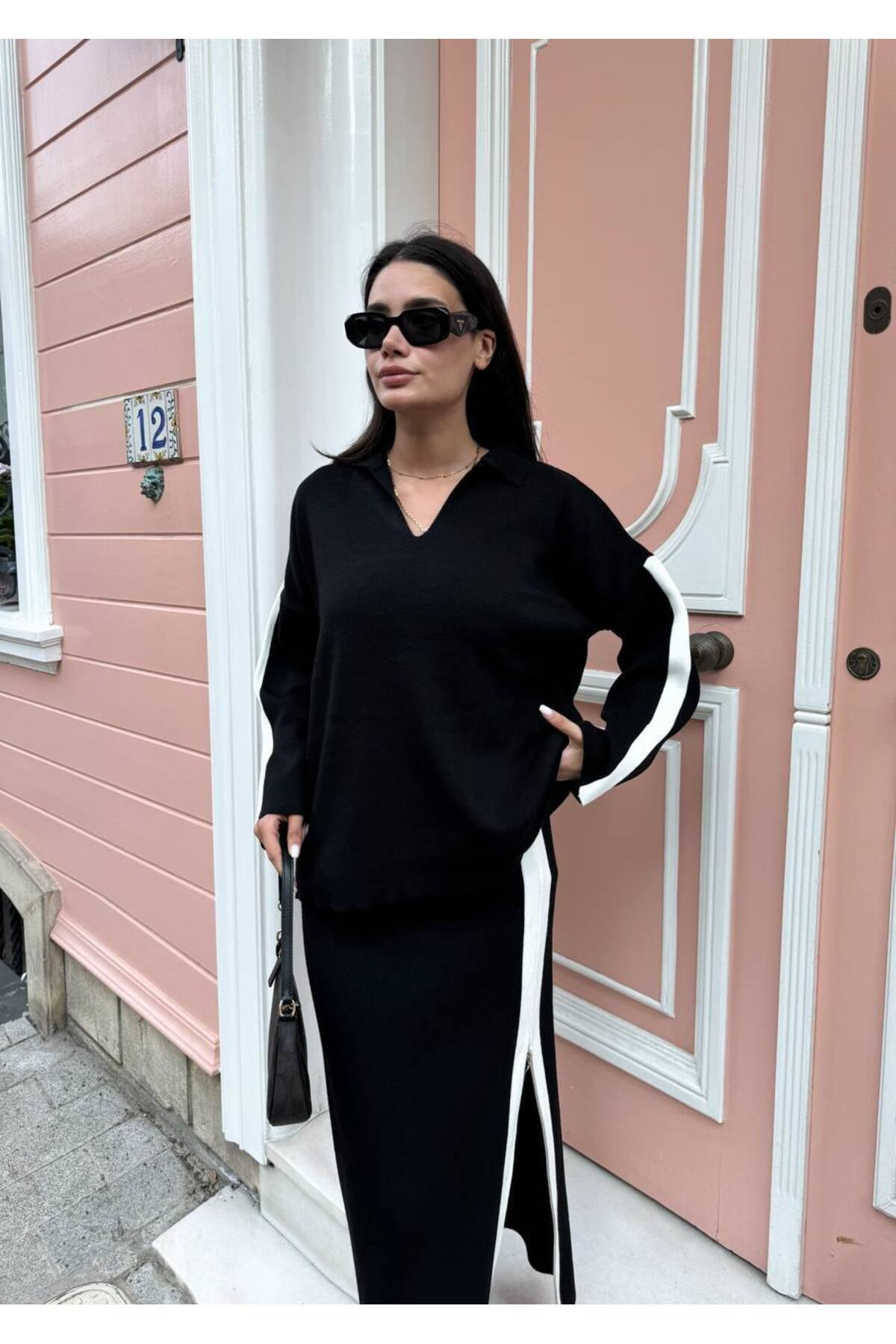 Nzl Tekstil Gömlek Yaka Dik Çizgili Etekli Kadin Triko Takim