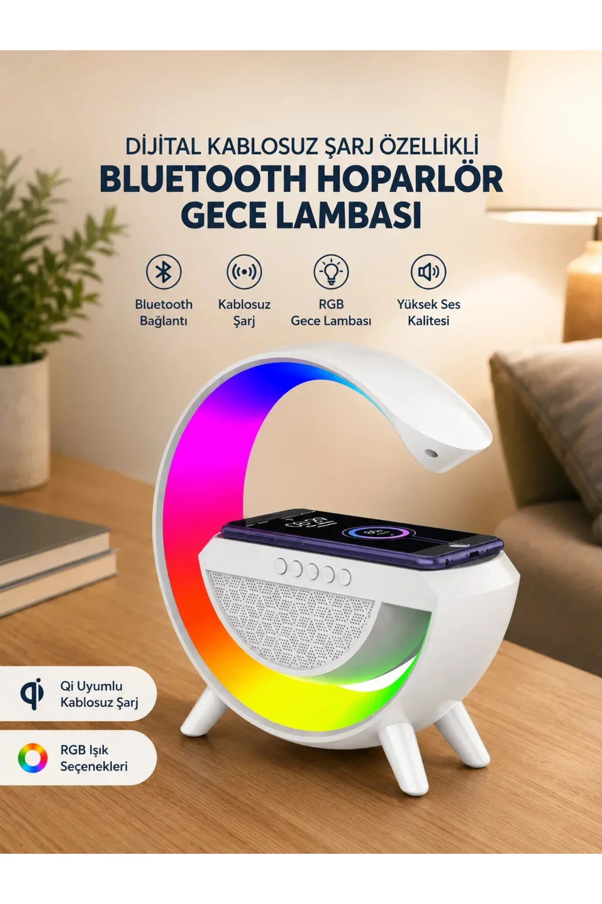 Google Dijital Kablosuz Şarj Özellikli Bluetooth Hoparlör Gece Lambası