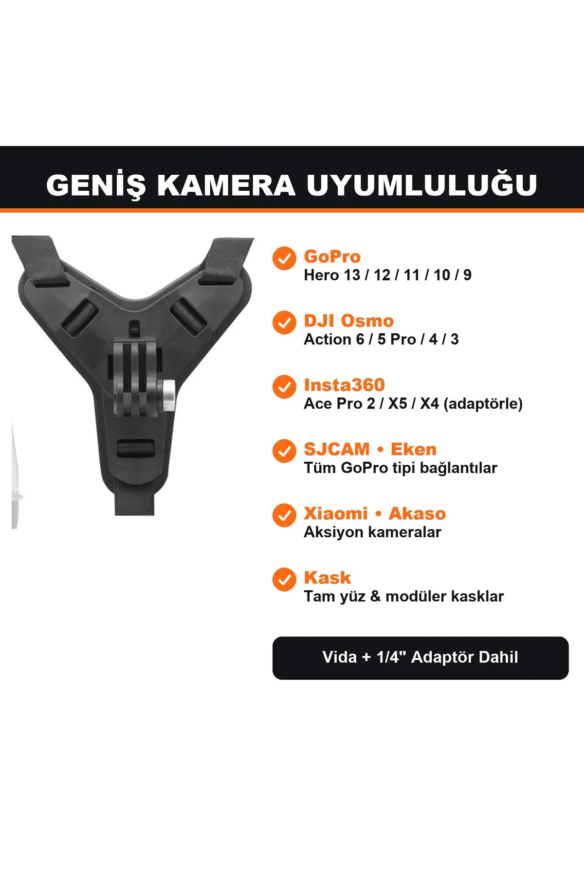 GoPro Hero 13 DJI Osmo Action 6 Insta360 Uyumlu Motosiklet Kask Çene Montaj Aparatı Jaw Mount Siyah - Görsel 3