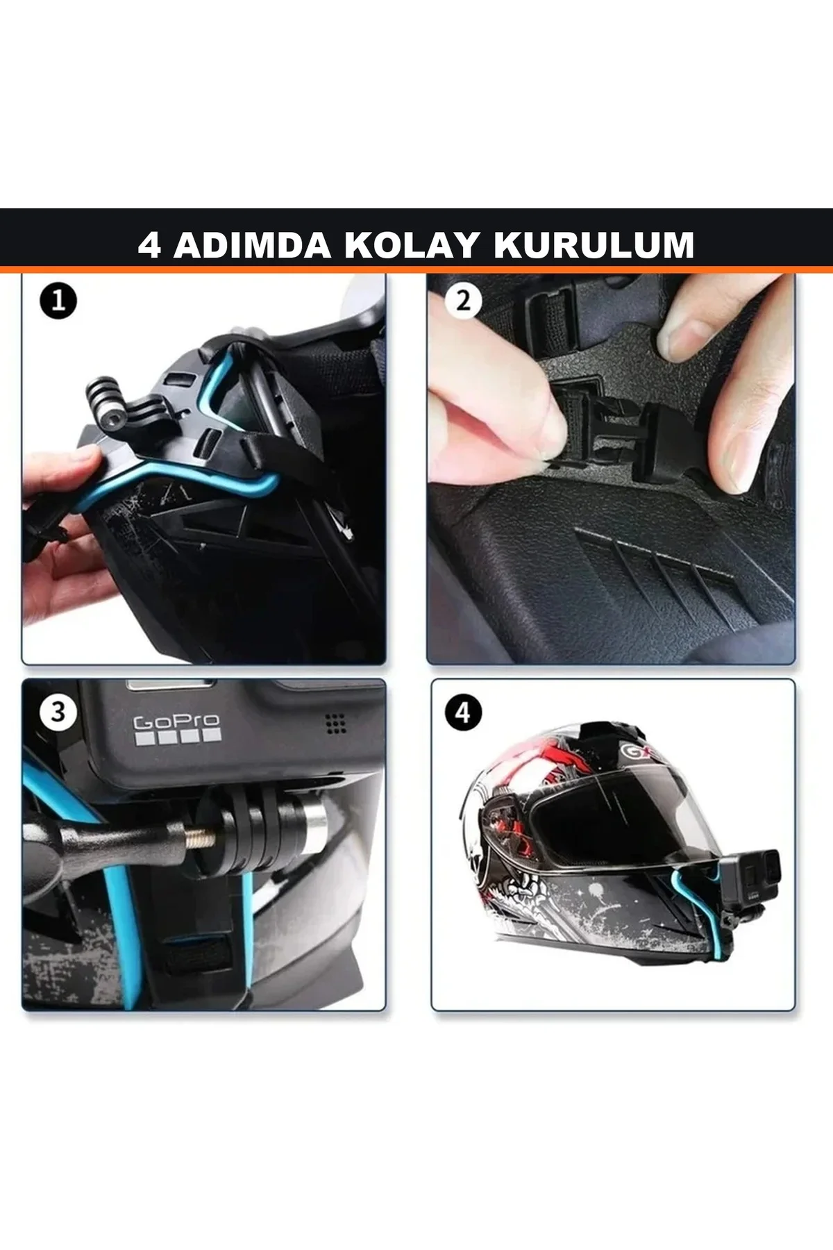 GoPro Hero 13 DJI Osmo Action 6 Insta360 Uyumlu Motosiklet Kask Çene Montaj Aparatı Jaw Mount Siyah - Görsel 5