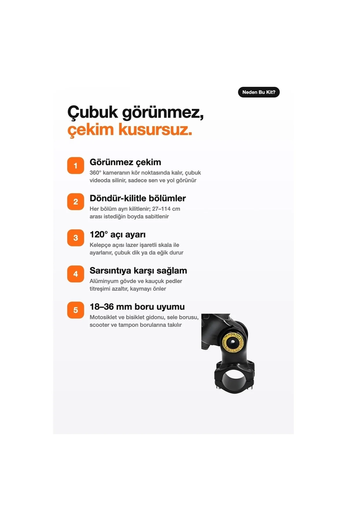 Görünmez Selfie Çubuğu Gidon Montaj Kiti 114 cm Motosiklet Bisiklet - Insta360 X5 X4 X3 Uyumlu - Görsel 2