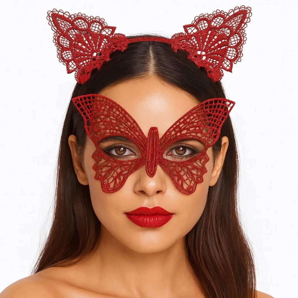 Gösterişli Kırmızı Dantel Maske ve Taç Seti 7 No – Masquerade ve Davetler için