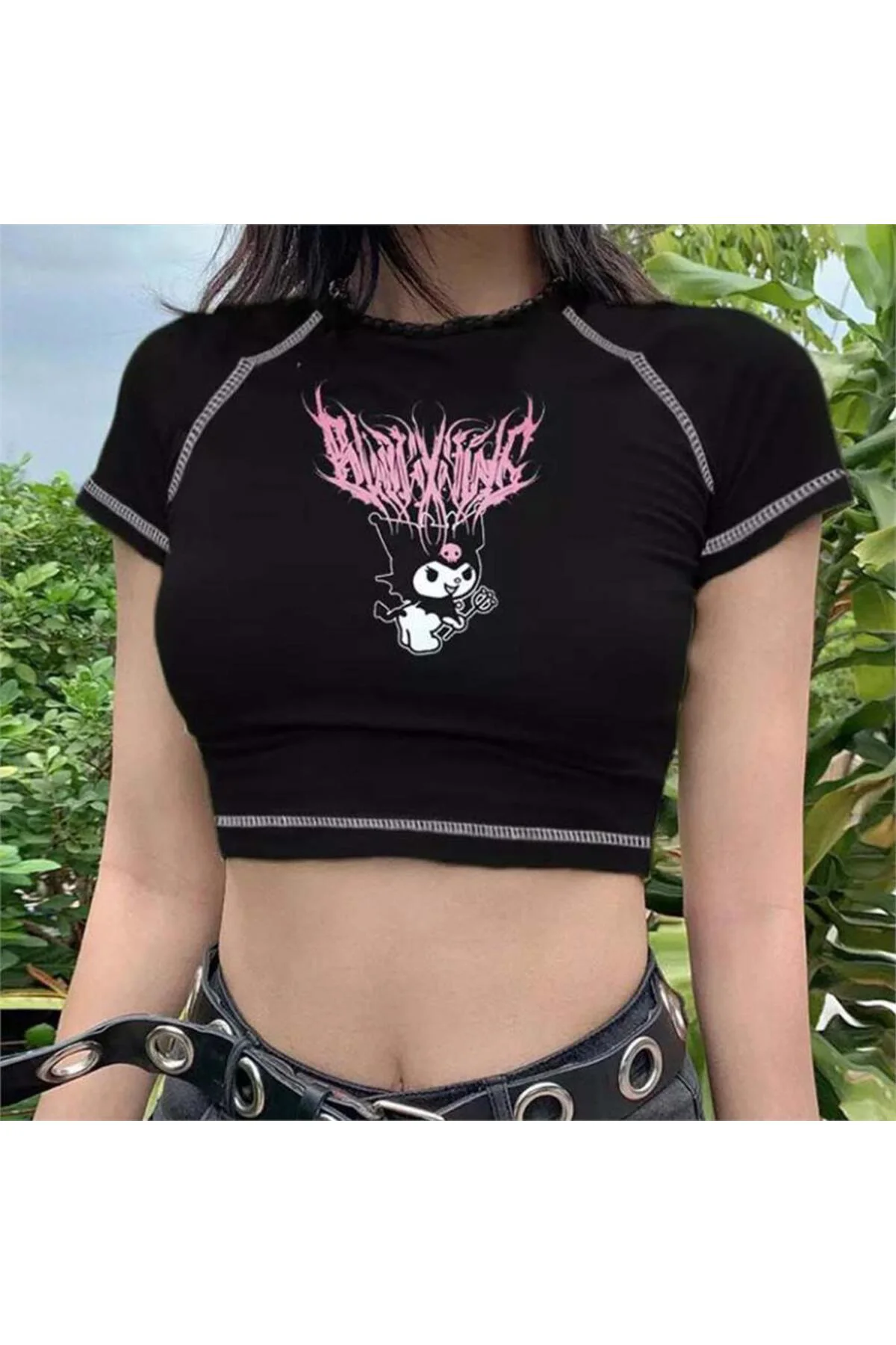 Syah Gotik Harajuku Fashion Anime Kuromi Sanrio Y2K Kısa Kollu Cr