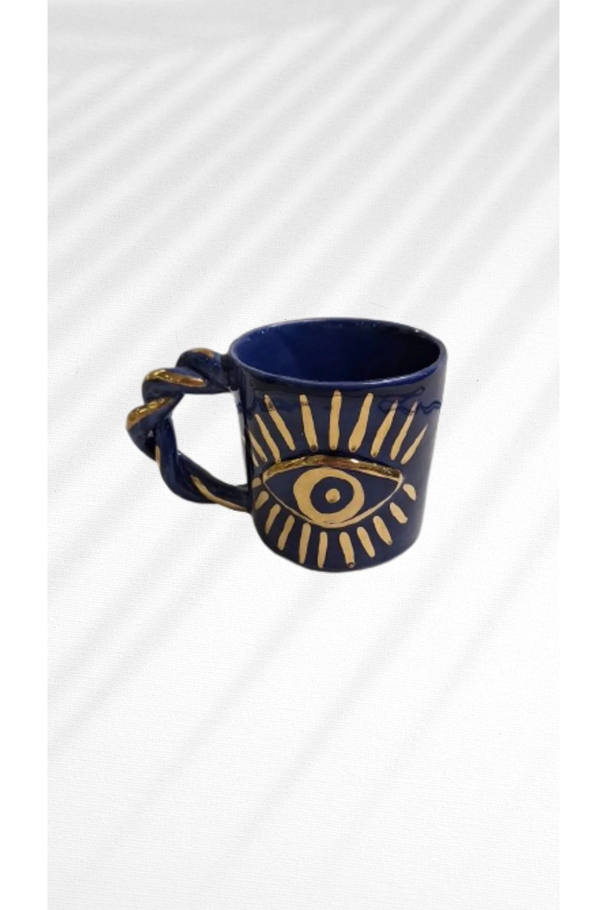 Göz Desenli Kupa - El Yapımı Seramik, Mavi, Gold Detaylı
