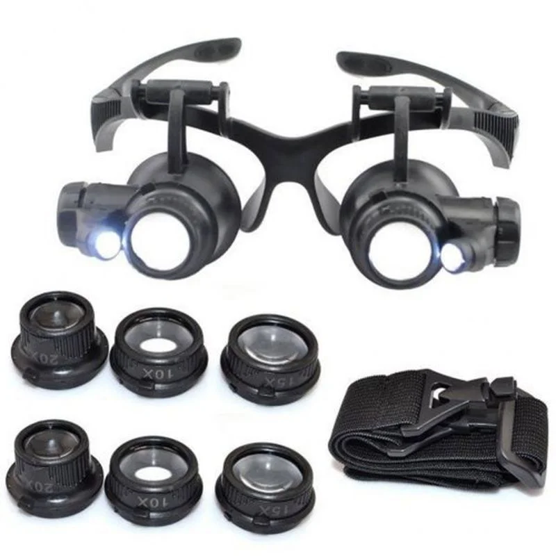 Gözlük Modeli 10X 15X 20X 25X Lens 2 Led Işıklı Büyüteç 9892G