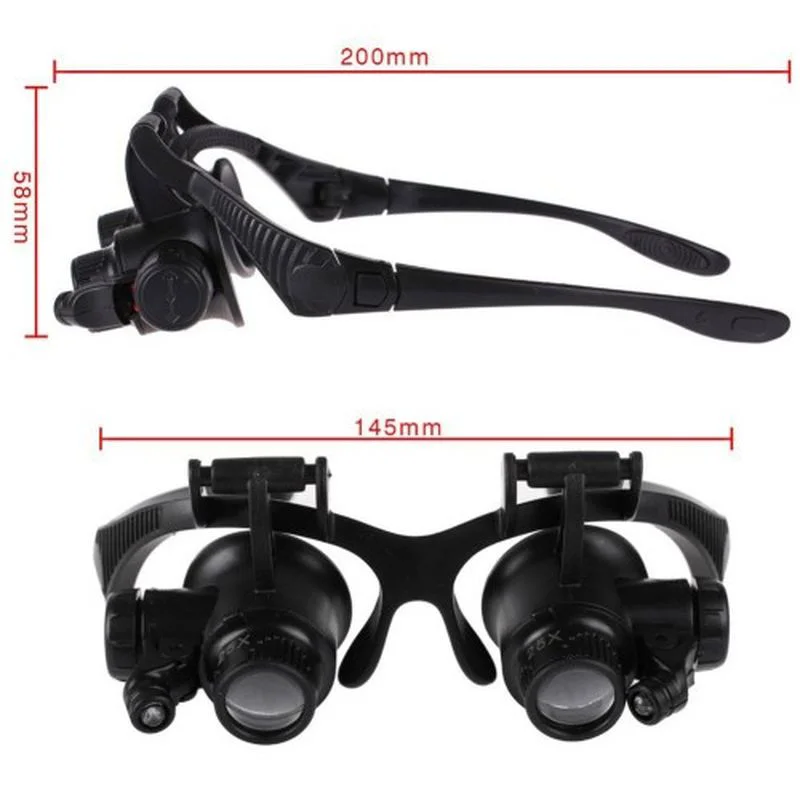 Gözlük Modeli 10X 15X 20X 25X Lens 2 Led Işıklı Büyüteç 9892G
