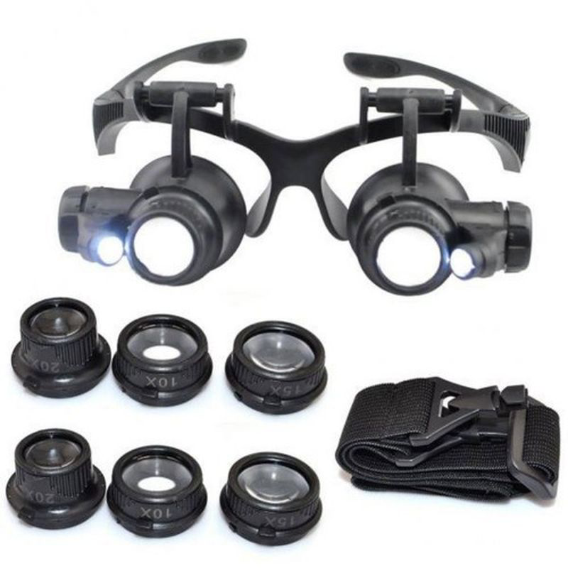 Gözlük Modeli 10X 15X 20X 25X Lens 2 Led Işıklı Büyüteç 9892G