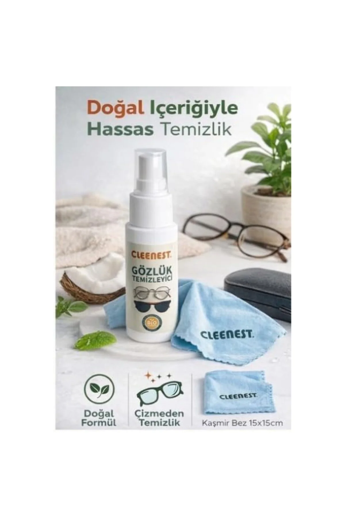 Gözlük ve Ekran Temizleme Seti, 50 ml Solüsyon ve 15x18 cm Mikrof