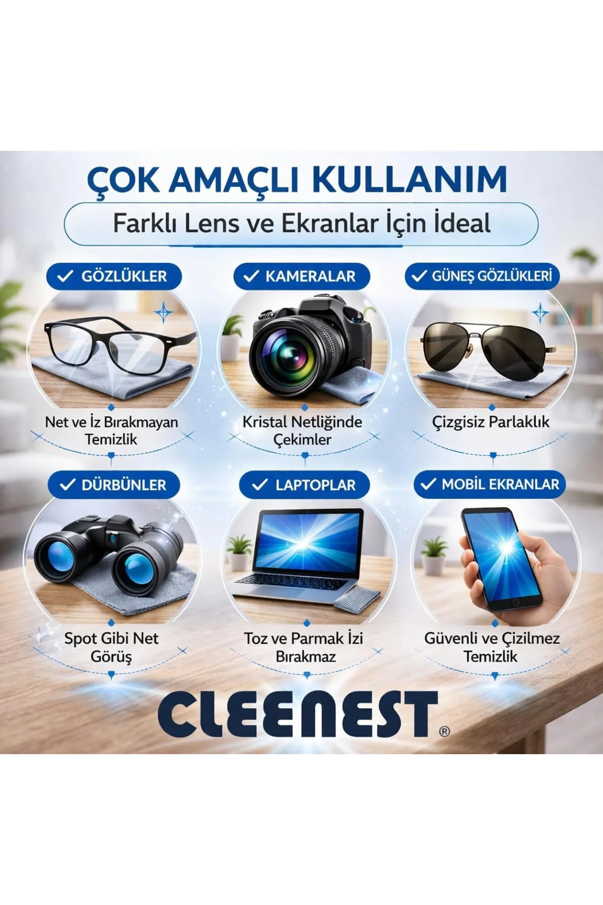 Gözlük ve Ekran Temizleme Seti, 50 ml Solüsyon ve 15x18 cm Mikrof