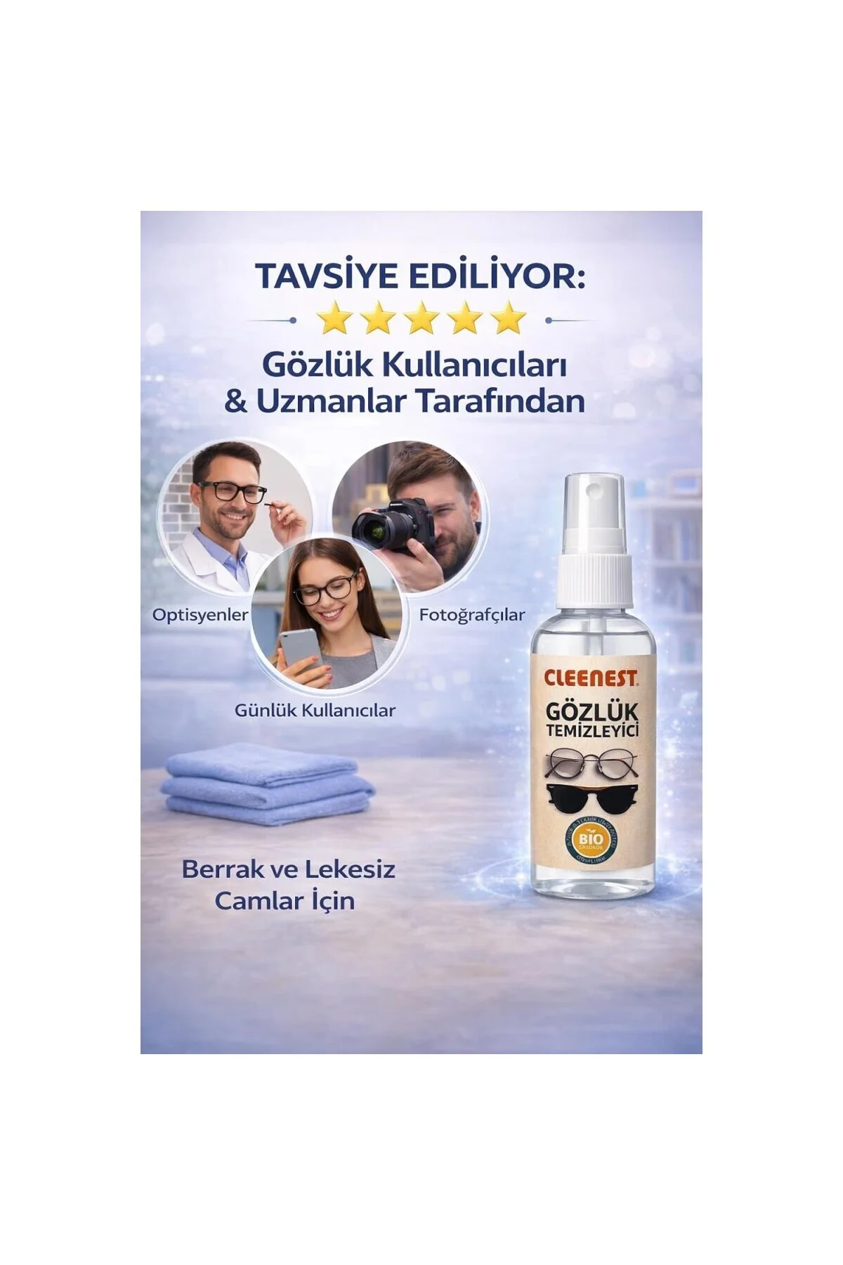 Gözlük ve Ekran Temizleme Seti, 50 ml Solüsyon ve 15x18 cm Mikrof