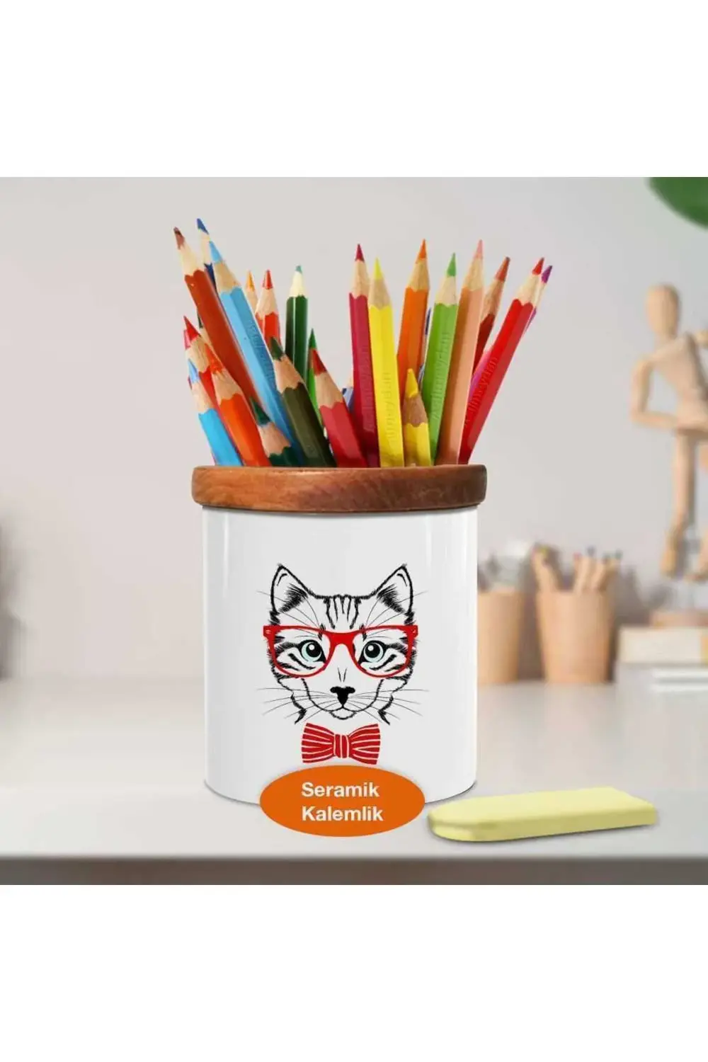 Gözlüklü Sevimli Kedi Ahşap Seramik Kalemlik - 2147493798