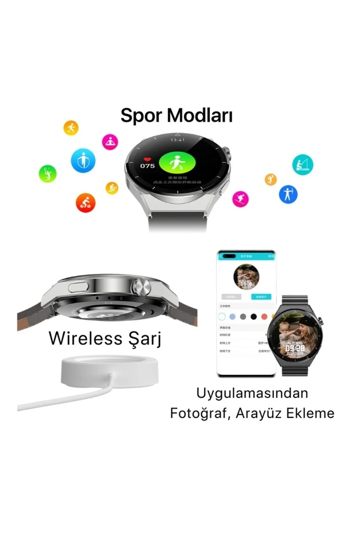 GPS ve Suya Dayanıklı Akıllı Saat, Nabız ve Uyku Takibi Özellikli, Siyah Silikon Kordonlu