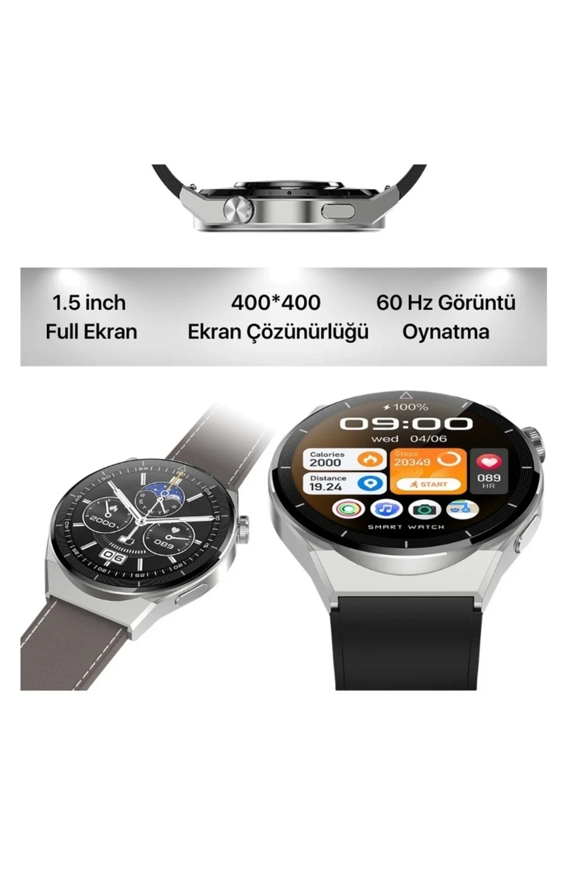 GPS ve Suya Dayanıklı Akıllı Saat, Nabız ve Uyku Takibi Özellikli, Siyah Silikon Kordonlu