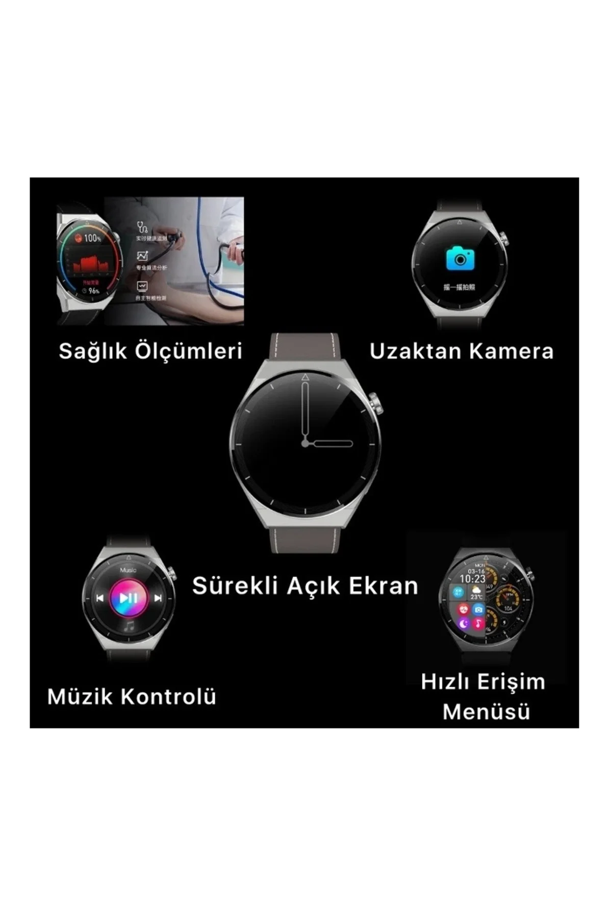 GPS ve Suya Dayanıklı Akıllı Saat, Nabız ve Uyku Takibi Özellikli, Siyah Silikon Kordonlu