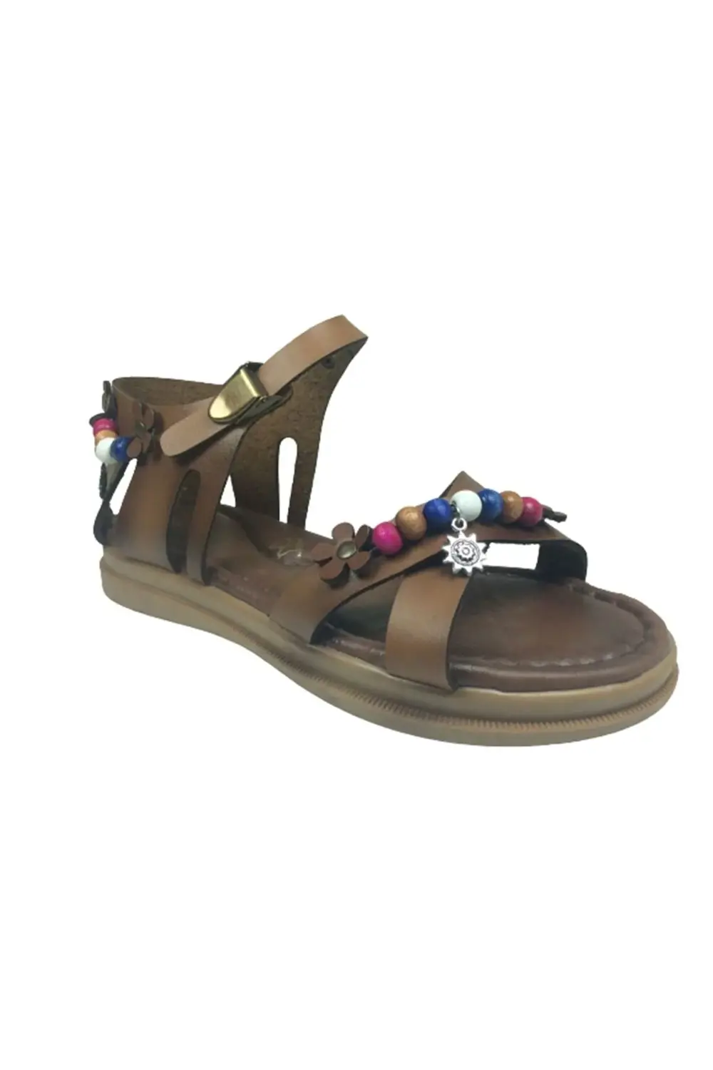 Grafen Filet Kız Çocuk Sandalet Kahve Çapraz Atkılı Boncuklu Günl